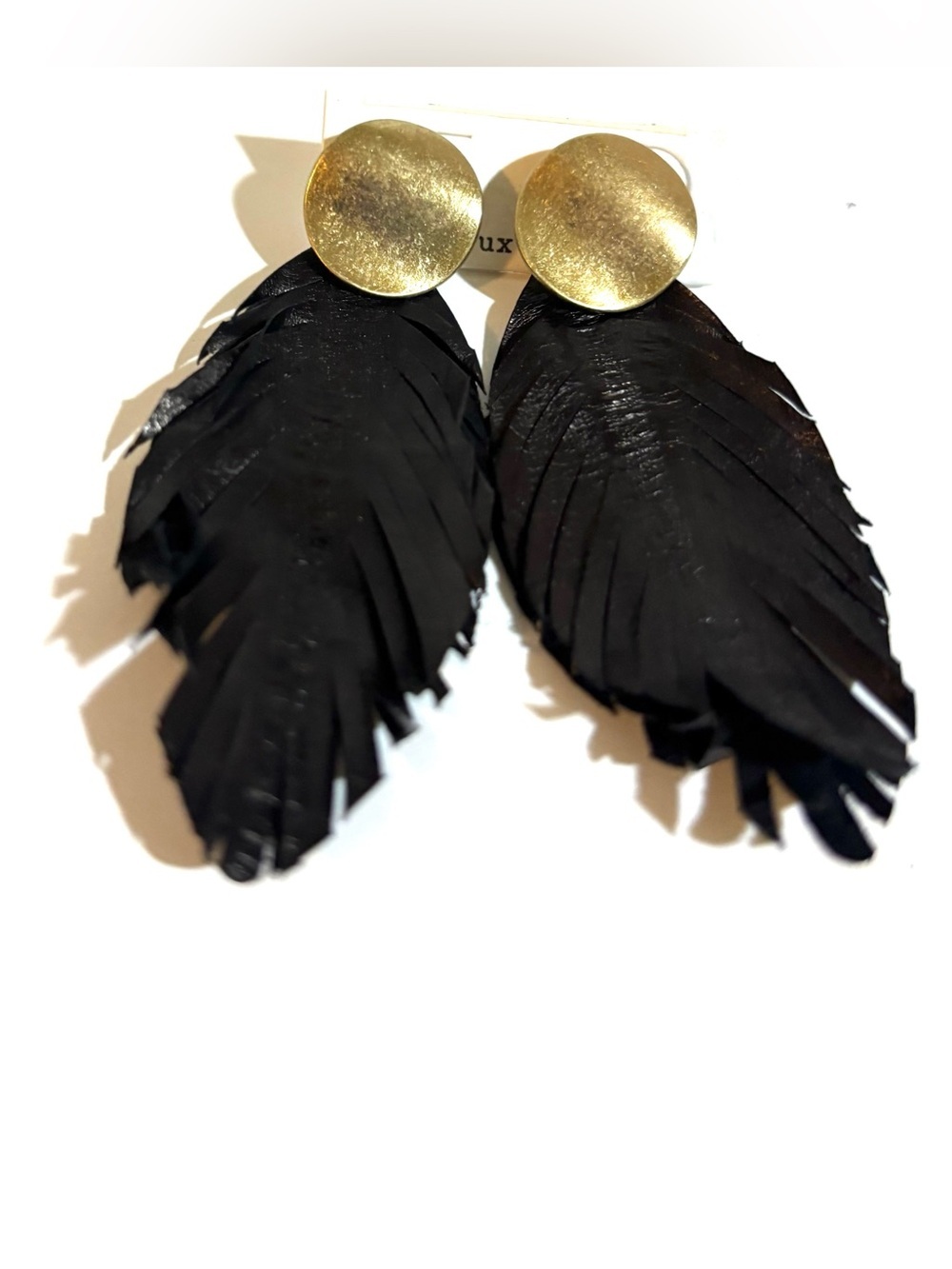 Lux Black Feather leather Drop Earrings with Gold Discs